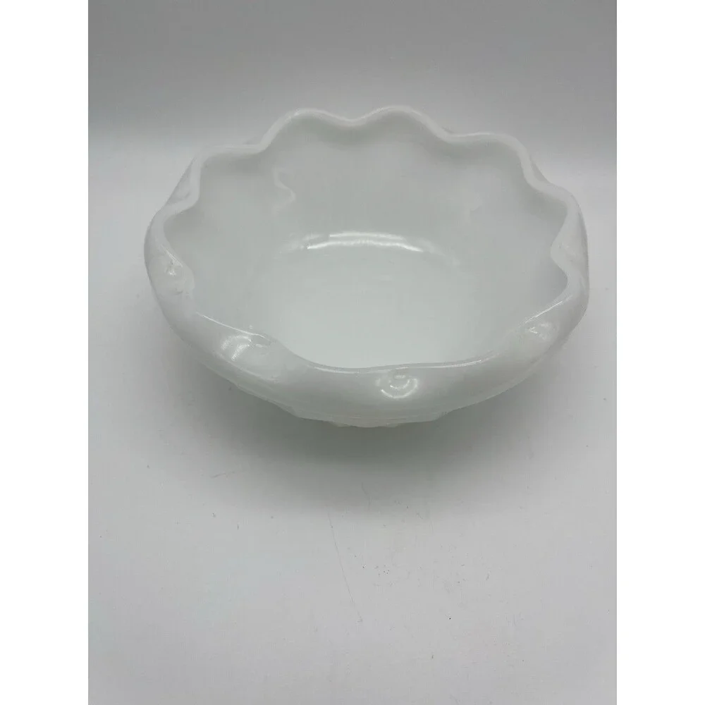 White Glass Scalloped Edge Bowl with Diamond Pattern, Round, 6 Inch